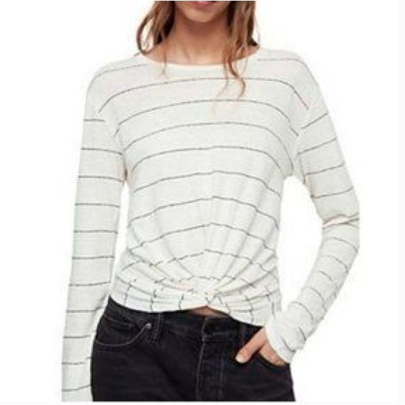 All Saints Tops - ALL SAINTS Carme White & Gray Stripe Longsleeve Top Twist Front Knot Detail Med